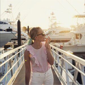 J. Crew pink white striped ruffle cotton top